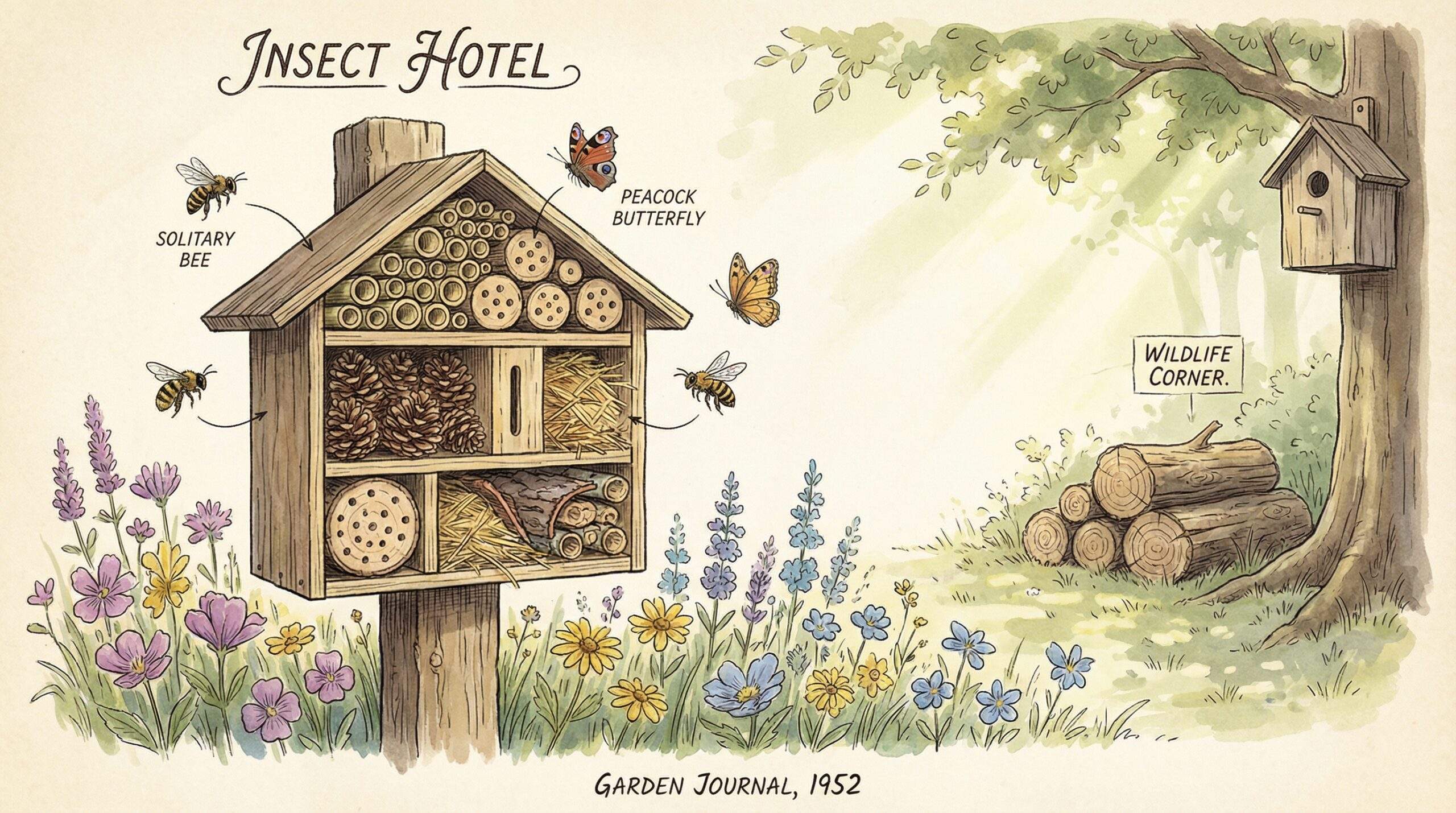 Insektenhotel bauen – Eine Person montiert den Holzrahmen eines Insektenhotels mit verschiedenen Füllmaterialien