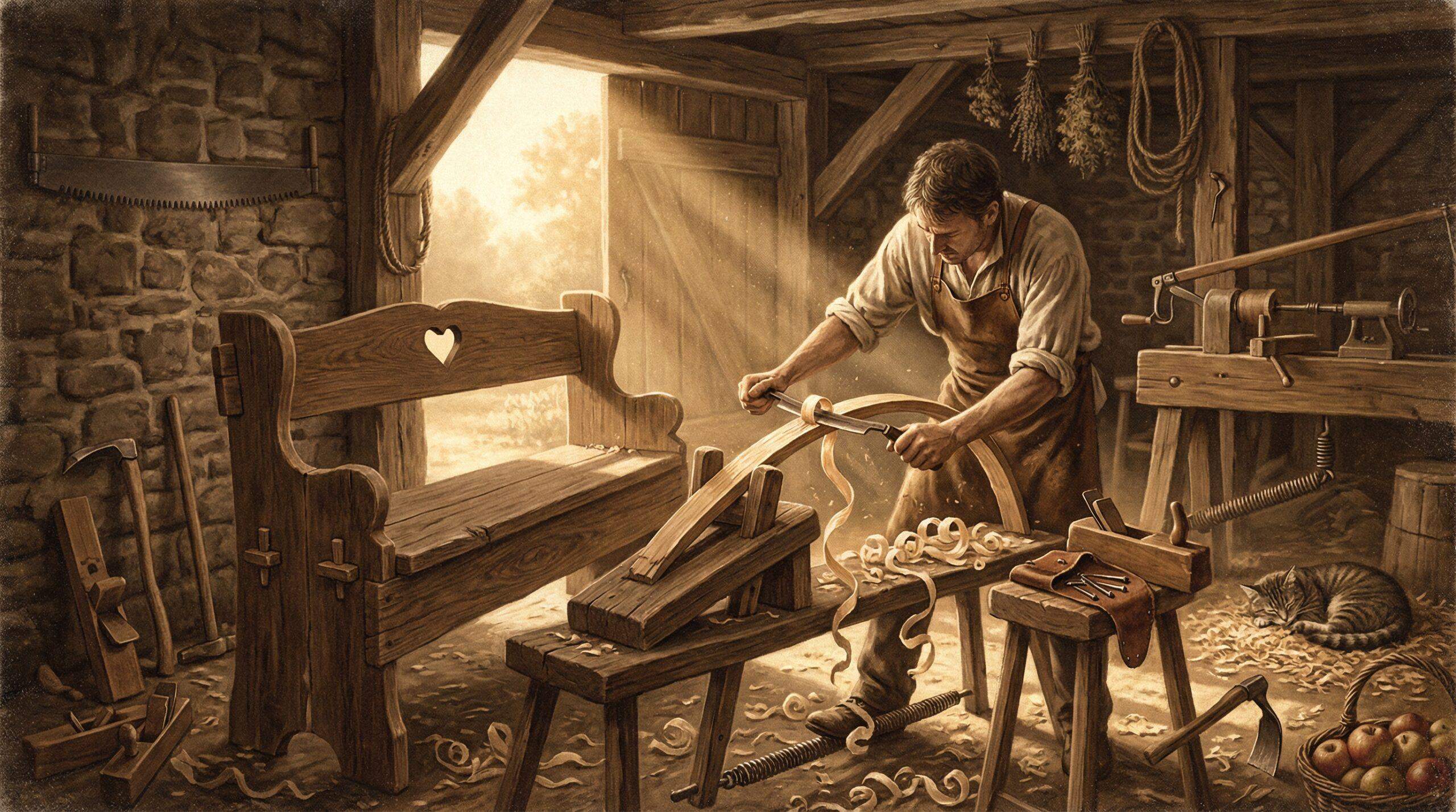 puppenhaus selber bauen – puppenhaus bauplan – Holzplatten und Werkzeuge auf einer Werkbank für den Puppenhausbau