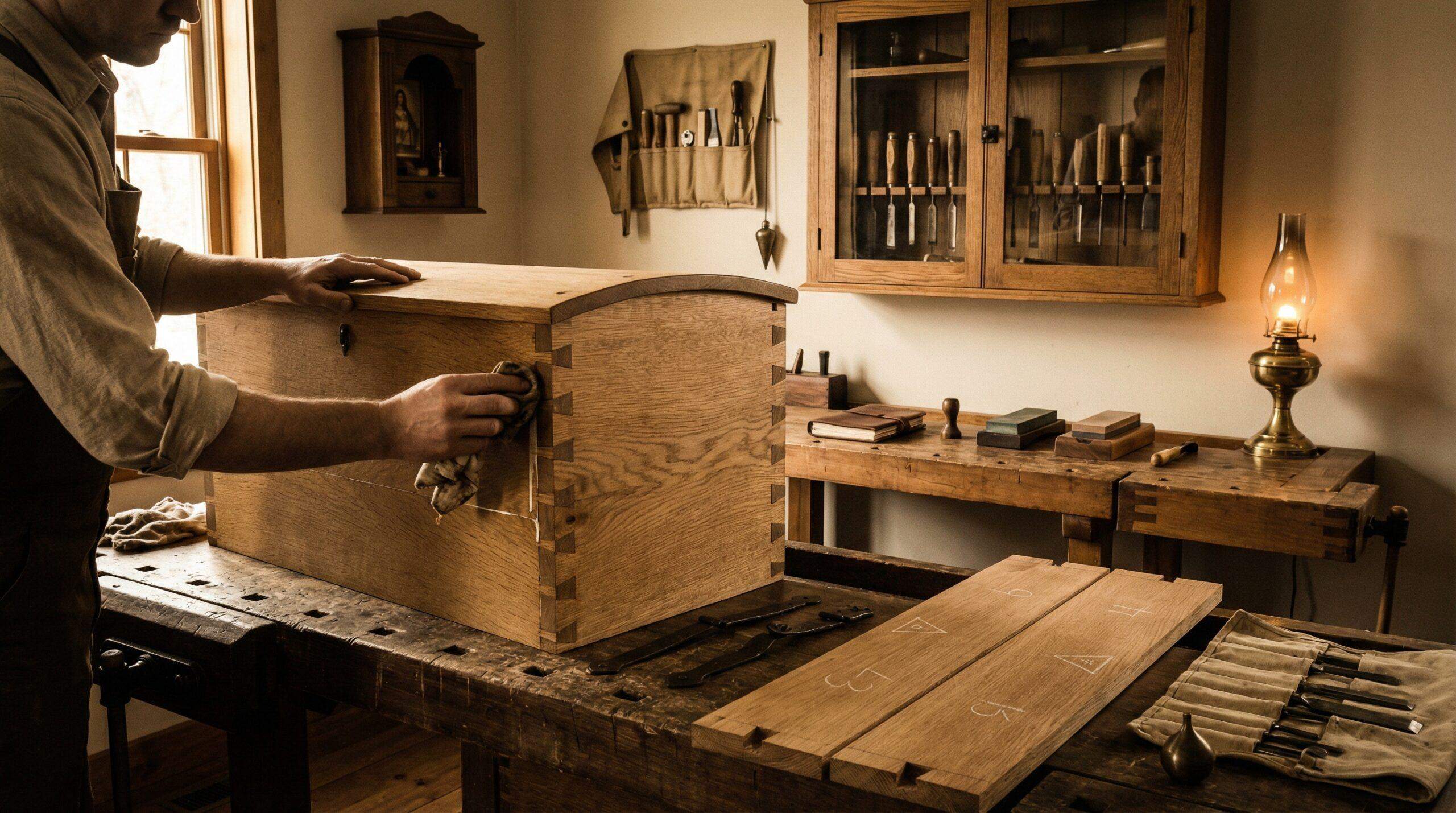 Werkzeugschrank selber bauen – Handwerker montiert Seitenwand eines Holzschranks in einer aufgeräumten Werkstatt