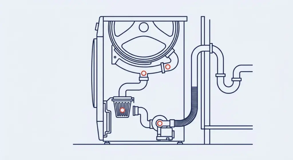 Schemazeichnung: Bosch Waschmaschine E18 – Ablaufweg mit Flusensieb, Pumpe und Siphon