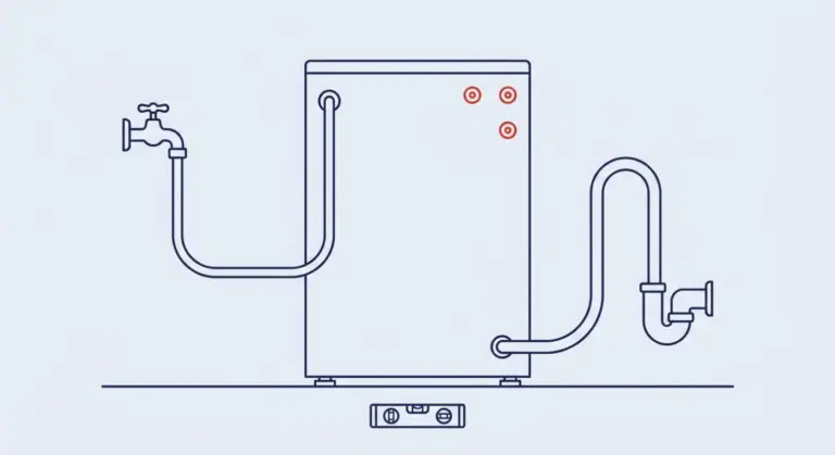 Schemazeichnung: Waschmaschine anschließen – Transportsicherung, Zulauf, Ablaufschlaufe und Stellfüße