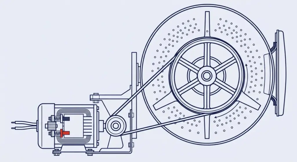 Schemazeichnung: Bosch Waschmaschine F21 – Motor, Antriebsriemen und abgenutzte Kohlebürste