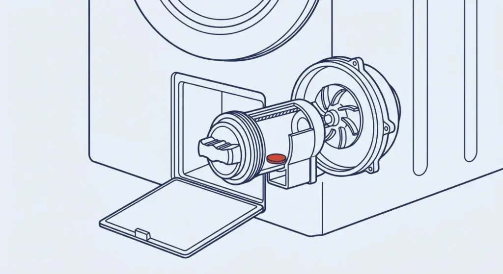 Schemazeichnung: Bauknecht Waschmaschine F05 – Flusenfilter mit Fremdkörper vor dem Pumpenrad