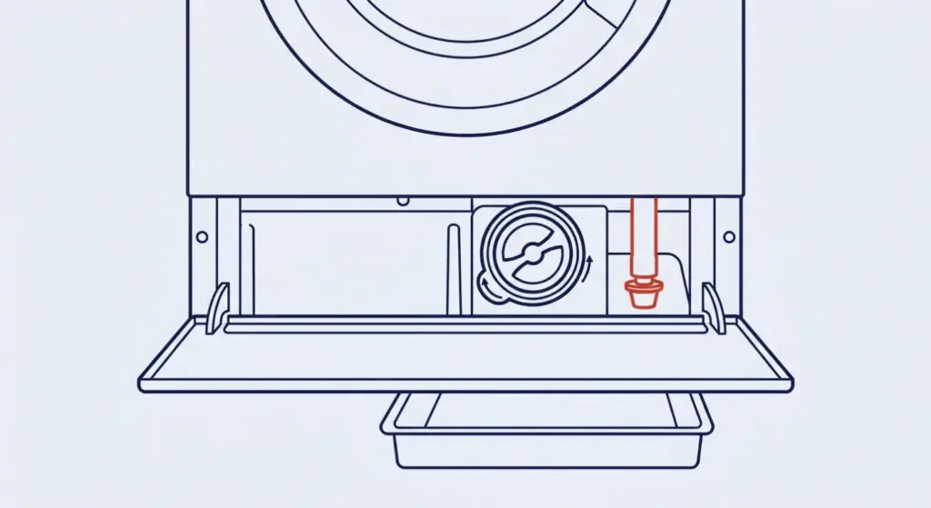 Schemazeichnung: AEG Waschmaschine E20 – Sockelklappe, Pumpenfilter und Notablaufschlauch