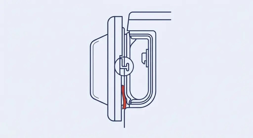 Schemazeichnung: Bosch Waschmaschine E16 – Türhaken, Verriegelung und eingeklemmte Wäsche